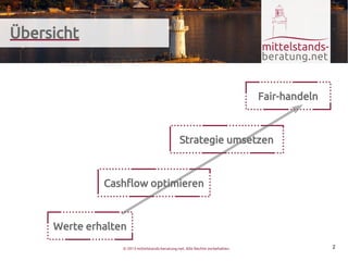 Übersicht


                                                                               Fair-handeln



                                                Strategie umsetzen



              Cashflow optimieren



     Werte erhalten
                  © 2013 mittelstands-beratung.net. Alle Rechte vorbehalten.                  2
 