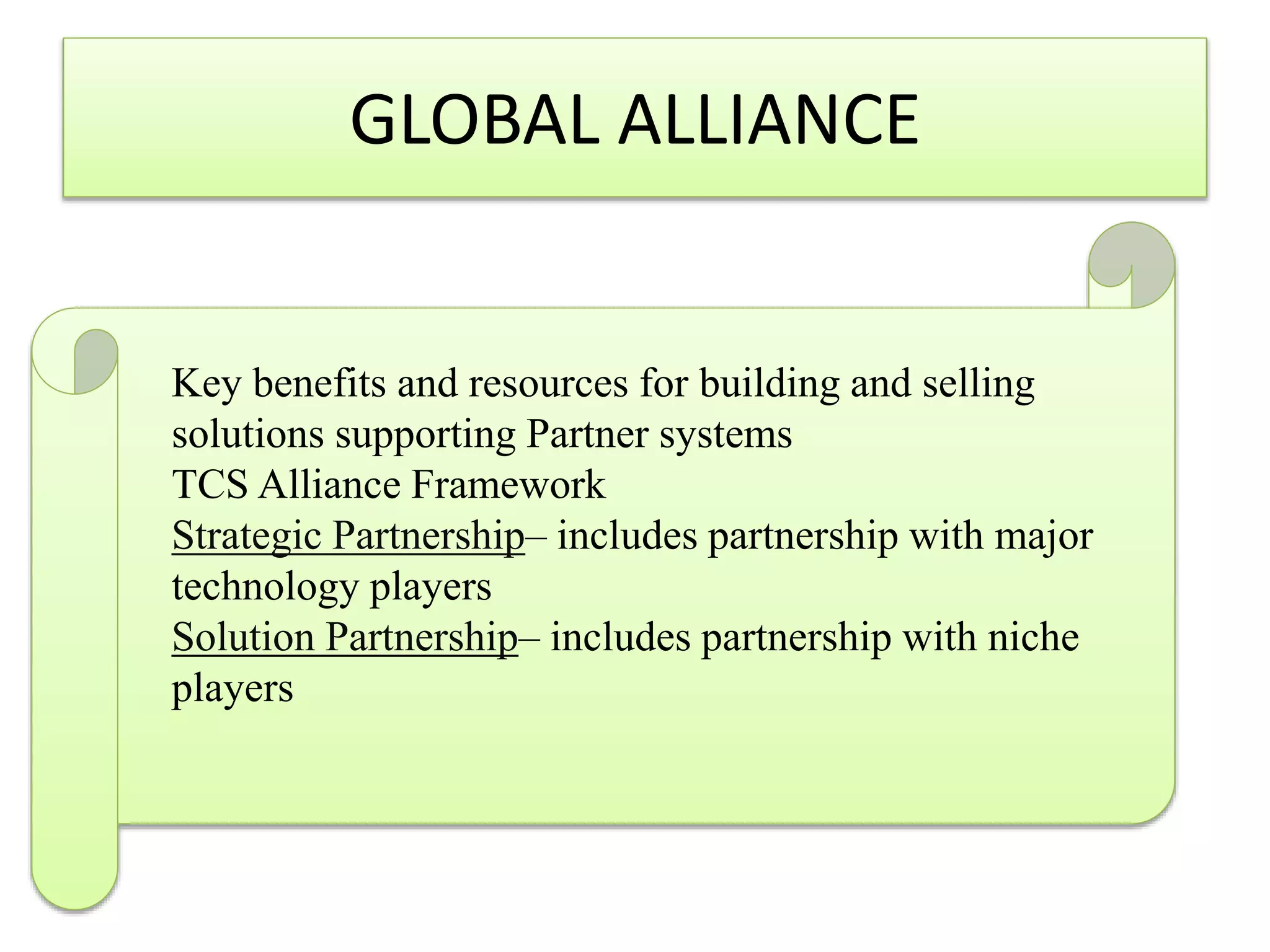 GLOBAL ALLIANCE

Key benefits and resources for building and selling
solutions supporting Partner systems
TCS Alliance Framework
Strategic Partnership– includes partnership with major
technology players
Solution Partnership– includes partnership with niche
players

 