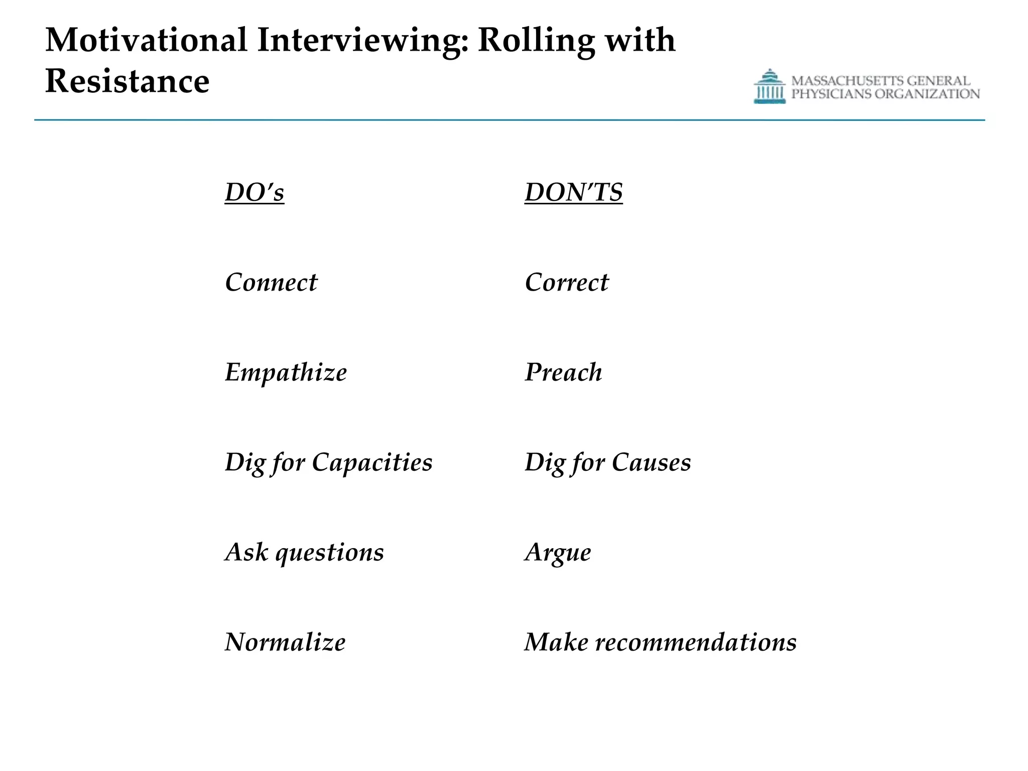 Motivational Interviewing: Empathy	Empathy IS: the act of understanding, being aware of, being sensitive to and vicariously experiencing the feelings of another.Empathyis NOT:.Pity: a sorrow for one suffering, distressed or unhappy Sympathy: an affinity, association or relationship between persons or things wherein whatever affects one similarly affects the other.