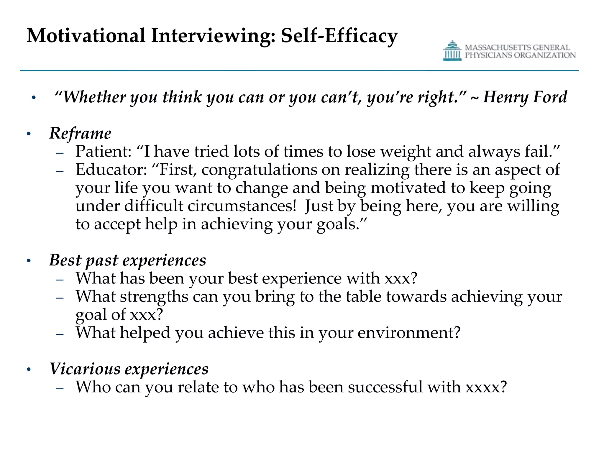 Motivational Interviewing: EmpathyDo these statements express empathy, sympathy or pity?“I feel sorry for you.”“I respect your pain.”“I feel your pain/joy.”