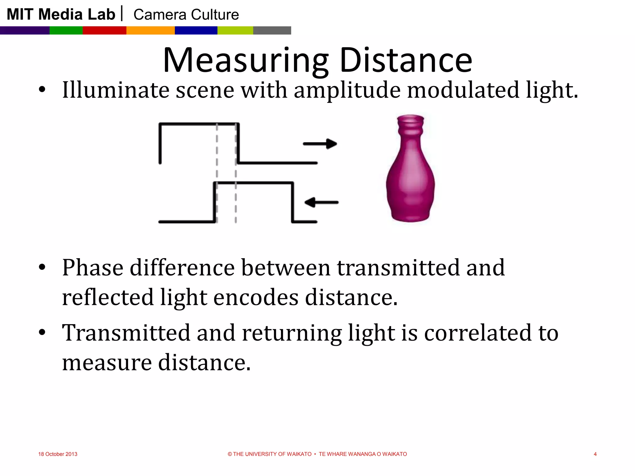 MIT Media Lab

Camera Culture

Measuring Distance

• Illuminate scene with amplitude modulated light.

• Phase difference between transmitted and
reflected light encodes distance.
• Transmitted and returning light is correlated to
measure distance.

18 October 2013

© THE UNIVERSITY OF WAIKATO • TE WHARE WANANGA O WAIKATO

4

 