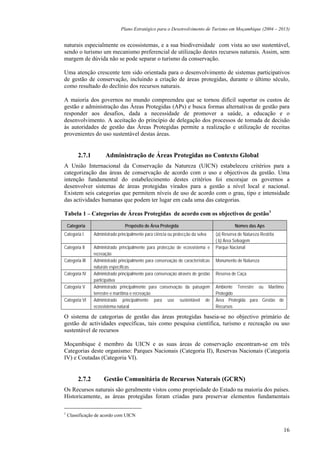 Plano Estratégico para o Desenvolvimento de Turismo em Moçambique (2004 – 2013)


naturais especialmente os ecossistemas, e a sua biodiversidade com vista ao uso sustentável,
sendo o turismo um mecanismo preferencial de utilização destes recursos naturais. Assim, sem
margem de dúvida não se pode separar o turismo da conservação.

Uma atenção crescente tem sido orientada para o desenvolvimento de sistemas participativos
de gestão de conservação, incluindo a criação de áreas protegidas, durante o último século,
como resultado do declínio dos recursos naturais.

A maioria dos governos no mundo compreendeu que se tornou difícil suportar os custos de
gestão e administração das Áreas Protegidas (APs) e busca formas alternativas de gestão para
responder aos desafios, dada a necessidade de promover a saúde, a educação e o
desenvolvimento. A aceitação do princípio de delegação dos processos de tomada de decisão
às autoridades de gestão das Áreas Protegidas permite a realização e utilização de receitas
provenientes do uso sustentável destas áreas.


         2.7.1         Administração de Áreas Protegidas no Contexto Global
A União Internacional da Conservação da Natureza (UICN) estabeleceu critérios para a
categorização das áreas de conservação de acordo com o uso e objectivos da gestão. Uma
intenção fundamental do estabelecimento destes critérios foi encorajar os governos a
desenvolver sistemas de áreas protegidas virados para a gestão a nível local e nacional.
Existem seis categorias que permitem níveis de uso de acordo com o grau, tipo e intensidade
das actividades humanas que podem ter lugar em cada uma das categorias.

Tabela 1 – Categorias de Áreas Protegidas de acordo com os objectivos de gestão 1

    Categoria                     Propósito de Área Protegida                                Nomes das Aps
Categoria I      Administrado principalmente para ciência ou protecção da selva    (a) Reserva de Natureza Restrita
                                                                                   ( b) Área Selvagem
Categoria II     Administrado principalmente para protecção de ecossistema e       Parque Nacional
                 recreação
Categoria III    Administrado principalmente para conservação de características   Monumento de Natureza
                 naturais específicas
Categoria IV     Administrado principalmente para conservação através de gestão    Reserva de Caça
                 participativa
Categoria V      Administrado principalmente para conservação da paisagem          Ambiente Terrestre ou Marítimo
                 terrestre e marítima e recreação                                  Protegido
Categoria VI     Administrado principalmente para uso sustentável de               Área Protegida para Gestão de
                 ecossistema natural                                               Recursos

O sistema de categorias de gestão das áreas protegidas baseia-se no objectivo primário de
gestão de actividades específicas, tais como pesquisa científica, turismo e recreação ou uso
sustentável de recursos

Moçambique é membro da UICN e as suas áreas de conservação encontram-se em três
Categorias deste organismo: Parques Nacionais (Categoria II), Reservas Nacionais (Categoria
IV) e Coutadas (Categoria VI).


         2.7.2        Gestão Comunitária de Recursos Naturais (GCRN)
Os Recursos naturais são geralmente vistos como propriedade do Estado na maioria dos países.
Historicamente, as áreas protegidas foram criadas para preservar elementos fundamentais

1
    Classificação de acordo com UICN


                                                                                                                      16
 