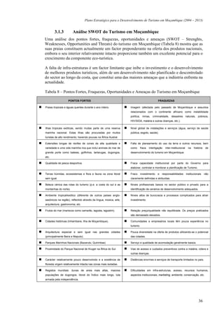 Plano Estratégico para o Desenvolvimento de Turismo em Moçambique (2004 – 2013)


        3.1.3          Análise SWOT do Turismo em Moçambique
Uma análise dos pontos fortes, fraquezas, oportunidades e ameaças (SWOT – Strenghts,
Weaknesses, Opportunities and Threats) do turismo em Moçambique (Tabela 8) mostra que as
suas praias constituem actualmente um factor preponderante na oferta dos produtos nacionais,
embora o seu interior relativamente intacto proporcione também um excelente potencial para o
crescimento da componente eco-turística.

A falta de infra-estruturas é um factor limitante que inibe o investimento e o desenvolvimento
de melhores produtos turísticos, além de um desenvolvimento não planificado e descontrolado
do sector ao longo da costa, que constitui uma das maiores ameaças que a indústria enfrenta na
actualidade.

Tabela 8 – Pontos Fortes, Fraquezas, Oportunidades e Ameaças do Turismo em Moçambique

                    PONTOS FORTES                                                              FRAQUEZAS

Praias tropicais e águas quentes durante o ano inteiro.             Imagem (afectada pelo passado de Moçambique e assuntos
                                                                    relacionados com o continente africano como instabilidade
                                                                    política, minas, criminalidade, desastres naturais, pobreza,
                                                                    HIV/SIDA, malária e outras doenças, etc.).

Ilhas tropicais exóticas, sendo muitas parte de uma reserva         Nível global de instalações e serviços (água, serviço de saúde
marinha nacional. Estas Ilhas são procuradas por muitos             pública, esgoto, saúde).
turistas de alto rendimento, havendo poucas na África Austral.

Extensões longas de recifes de corais de alta qualidade e           Falta de planeamento do uso da terra e outros recursos, bem
variedade e uma vida marinha rica que inclui animais do mar de      como       fraca   interligação   inter-institucional    na    história   de
grande porte como baleias, golfinhos, tartarugas, dugongos,         desenvolvimento do turismo em Moçambique.
etc.

Qualidade de pesca desportiva.                                      Fraca capacidade institucional por parte do Governo para
                                                                    elaborar, controlar e monitorar a planificação de Turismo.

Terras húmidas, ecossistemas e flora e fauna na zona litoral        Fraco      investimento   e   responsabilidades         institucionais    não
sem igual.                                                          claramente definidas e atribuídas.

Beleza cénica das rotas do turismo (p.e. a costa do sul e as        Níveis profissionais baixos no sector público e privado para a
montanhas do norte).                                                identificação de cenários de desenvolvimento adequados.

Ambiente tropical/exótico (diferente de outros países anglo-        Níveis altos de burocracia e processos complicados para atrair
saxónicos na região), reflectido através da língua, música, arte,   investimento.
arquitectura, gastronomia, etc.

Frutos do mar (mariscos como camarão, lagosta, lagostim).           Relação preço/qualidade não equilibrada. Os preços praticados
                                                                    são demasiado elevados.

Cidades históricas (Inhambane, Ilha de Moçambique).                 Comunidades e empresários locais têm pouca experiência no
                                                                    turismo.

Arquitectura especial e sem igual nas grandes cidades               Pouca diversidade na oferta de produtos utilizando-se o potencial
(principalmente Beira e Maputo).                                    das cidades.

Parques Marinhos Nacionais (Bazaruto, Quirimbas)                    Serviço e qualidade de acomodação geralmente baixos.

Proximidade do Parque Nacional de Kruger na África do Sul.          Vias de acesso e cuidados preventivos contra a malária, cólera e
                                                                    outras doenças.

Carácter relativamente pouco desenvolvido e a existência de         Distâncias enormes e serviços de transporte limitados no país.
floresta virgem relativamente intacta nas zonas mais isoladas.

Registos mundiais: dunas de areia mais altas, maiores               Dificuldades em infra-estruturas, acesso, recursos humanos,
populações de dugongos, litoral do Índico mais longo, luta          aspectos institucionais, marketing, ambiente, conservação, etc.
armada pela independência.




                                                                                                                                       36
 