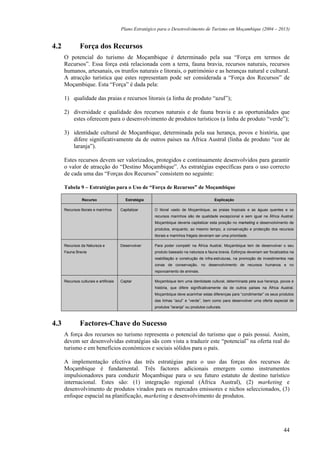 Plano Estratégico para o Desenvolvimento de Turismo em Moçambique (2004 – 2013)


4.2             Força dos Recursos
      O potencial do turismo de Moçambique é determinado pela sua “Força em termos de
      Recursos”. Essa força está relacionada com a terra, fauna bravia, recursos naturais, recursos
      humanos, artesanais, os trunfos naturais e litorais, o património e as heranças natural e cultural.
      A atracção turística que estes representam pode ser considerada a “Força dos Recursos” de
      Moçambique. Esta “Força” é dada pela:

      1) qualidade das praias e recursos litorais (a linha de produto “azul”);

      2) diversidade e qualidade dos recursos naturais e de fauna bravia e as oportunidades que
         estes oferecem para o desenvolvimento de produtos turísticos (a linha de produto “verde”);

      3) identidade cultural de Moçambique, determinada pela sua herança, povos e história, que
         difere significativamente da de outros países na África Austral (linha de produto “cor de
         laranja”).

      Estes recursos devem ser valorizados, protegidos e continuamente desenvolvidos para garantir
      o valor de atracção do “Destino Moçambique”. As estratégias específicas para o uso correcto
      de cada uma das “Forças dos Recursos” consistem no seguinte:

      Tabela 9 – Estratégias para o Uso de “Força de Recursos” de Moçambique

                 Recurso                    Estratégia                                       Explicação

      Recursos litorais e marinhos       Capitalizar     O litoral vasto de Moçambique, as praias tropicais e as águas quentes e os
                                                         recursos marinhos são de qualidade excepcional e sem igual na África Austral.
                                                         Moçambique deveria capitalizar esta posição no marketing e desenvolvimento de
                                                         produtos, enquanto, ao mesmo tempo, a conservação e protecção dos recursos
                                                         litorais e marinhos frágeis deveriam ser uma prioridade.

      Recursos da Natureza e             Desenvolver     Para poder competir na África Austral, Moçambique tem de desenvolver o seu
      Fauna Bravia                                       produto baseado na natureza e fauna bravia. Esforços deveriam ser focalizados na
                                                         reabilitação e construção de infra-estruturas, na promoção de investimentos nas
                                                         zonas de conservação, no desenvolvimento de recursos humanos e no
                                                         repovoamento de animais.

      Recursos culturais e artificiais   Captar          Moçambique tem uma identidade cultural, determinada pela sua herança, povos e
                                                         história, que difere significativamente da de outros países na África Austral.
                                                         Moçambique deve acarinhar estas diferenças para “condimentar” os seus produtos
                                                         das linhas “azul” e “verde”, bem como para desenvolver uma oferta especial de
                                                         produtos “laranja” ou produtos culturais.



4.3             Factores-Chave do Sucesso
      A força dos recursos no turismo representa o potencial do turismo que o país possui. Assim,
      devem ser desenvolvidas estratégias sãs com vista a traduzir este “potencial” na oferta real do
      turismo e em benefícios económicos e sociais sólidos para o país.

      A implementação efectiva das três estratégias para o uso das forças dos recursos de
      Moçambique é fundamental. Três factores adicionais emergem como instrumentos
      impulsionadores para conduzir Moçambique para o seu futuro estatuto de destino turístico
      internacional. Estes são: (1) integração regional (África Austral), (2) marketing e
      desenvolvimento de produtos virados para os mercados emissores e nichos seleccionados, (3)
      enfoque espacial na planificação, marketing e desenvolvimento de produtos.




                                                                                                                                   44
 