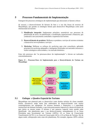Plano Estratégico para o Desenvolvimento de Turismo em Moçambique (2004 – 2013)




5          Processos Fundamentais de Implementação
      Emergem três processos estratégicos de implementação que atravessam os factores críticos

      de sucesso, o desenvolvimento de factores de base e o uso das forças de recursos de
      Moçambique, que guiarão as estratégias futuras para desenvolver Moçambique como actor
      internacional em turismo:

          1) Planificação integrada: Implementar princípios sustentáveis nos processos de
             planificação de terra e na planificação e coordenação organizacional e financeira, que
             conduzam à um crescimento controlado e responsável do turismo.

          2) Desenvolvimento de produtos: Melhorar os produtos e serviços de turismo existentes
             e desenvolver novos produtos e serviços.

          3) Marketing: Melhorar os esforços de marketing para criar consciência, aplicando
             princípios de marketing adequados e inteligentes focalizados em mercados emissores e
             nichos estratégicos seleccionados, e no mercado doméstico.

      Estes três processos são “os processos-chave da implementação” e devem ser realizados
      concomitantemente.

      Figura 12 – Processos-Chave de Implementação para o Desenvolvimento do Turismo em
      Moçambique


                                                Planificação
                                                 Planificação
                                                  Planificação
                                                  Planificação
                                                de Desenvol-
                                                de Desenvol-
                                                 de Desenvol-
                                                  de Desenvol-
                                                   vimento
                                                   vimento
                                                     vimento
                                                     vimento
                                                  Integrado
                                                  Integrado             Melhorar
                                                                        Melhorar
                                                    Integrado
                                                    Integrado            Melhorar
                                                                         Melhorar
                                                                       Produtos e
                                                                       Produtos ee
                                                                        Produtos e
                                                                        Produtos
                                                                        Serviços
                                                                        Serviços
                                                                         Serviços
                                                                         Serviços
                                                                       Existentes
                                                                       Existentes
                                                                        Existentes
                                                                        Existentes
                          Moçambique
                           Moçambique              Melhor
                                                   Melhor
                            Moçambique
                             Moçambique             Melhor
                                                    Melhor
                         como um actor
                         como um actor          provisão de
                                                provisão de
                          como um actor
                           como um actor         provisão de
                                                  provisãoede
                            no turismo
                            no turismo          Produtos e
                                                 Produtos e
                             no turismo           Produtos
                              no turismo
                          internacional
                          internacional           Serviços e
                                                  Produtos
                                                  Serviços             Desenvolver
                                                                       Desenvolver
                            internacional
                            internacional          Serviços
                                                   Serviços             Desenvolver
                                                                         Desenvolver
                                                                           novos
                                                                           novos
                                                                            novos
                                                                            novos
                                                                        produtos e
                                                                        produtos ee
                                                   Melhor
                                                   Melhor                produtos e
                                                                          produtos
                                                    Melhor
                                                     Melhor              serviços
                                                                          serviços
                                                Marketing e
                                                Marketing ee               serviços
                                                                           serviços
                                                 Marketing e
                                                  Marketing
                                                Conscien-
                                                 Conscien-
                                                  Conscien-
                                                  Conscien-
                                                 cialização
                                                 cialização
                                                  cialização
                                                   cialização



5.1        Enfoque e Quadro Espacial do Turismo
      Moçambique tem potencial para se desenvolver como destino turístico de classe mundial.
      Porém, encontra-se ainda numa fase embrionária de desenvolvimento com muitos
      constrangimentos por ultrapassar. Os recursos humanos e financeiros e a capacidade
      institucional são bastante limitados, o que torna praticamente impossível o desenvolvimento do
      país inteiro ao mesmo tempo. O turismo é, por natureza, espacial, neste sentido estão
      identificada três plataformas para o seu desenvolvimento, nomeadamente (1) as Áreas
      Prioritárias para Investimento em Turismo (APITs), (2) as Áreas de Conservação
      Transfronteira (ACTFs ) e as Áreas de Conservação (ACs), e (3) as Rotas de Turismo. Há, de
      algum modo, sobreposição entre estas três plataformas. Por exemplo, algumas APITs cobrem


                                                                                                         52
 