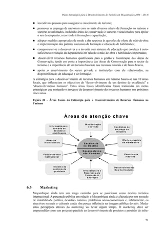 Plano Estratégico para o Desenvolvimento de Turismo em Moçambique (2004 – 2013)


         investir nas pessoas para assegurar o crescimento do turismo;
         promover o emprego de nacionais com os mais diversos níveis de formação no turismo e
         sectores relacionados, incluindo áreas de conservação e sectores vocacionados para apoiar
         o seu desempenho, recorrendo à formação e capacitação;
         adoptar medidas apropriadas de modo a dar resposta às questões de oferta de mão-de-obra
         e implementação dos padrões nacionais de formação e educação de habilidades;
         comprometer-se a desenvolver e a investir num sistema de educação que conduza à auto-
         suficiência e redução da dependência em relação à mão-de-obra e habilidades importadas;
          desenvolver recursos humanos qualificados para a gestão e fiscalização das Áreas de
         Conservação; tendo em conta a importância das Áreas de Conservação para o sector de
         turismo e a importância de um turismo baseado nos recursos naturais e de fauna bravia,
         apoiar o envolvimento do sector privado e instituições com ele relacionadas, na
         disponibilização de educação e de formação.
      A estratégia para o desenvolvimento de recursos humanos em turismo baseia-se nas 10 áreas
      focais, que influenciam os objectivos de “desenvolvimento de um destino de excelência” e
      “desenvolvimento humano”. Estas áreas focais identificadas foram traduzidas em metas
      estratégicas que nortearão o processo de desenvolvimento dos recursos humanos nos próximos
      cinco anos.

      Figura 20 – Áreas Focais da Estratégia para o Desenvolvimento de Recursos Humanos no
      Turismo



                                         Á r e a s d e a t e n çã o ch a v e
                                                             M o n it o ri a çã o
                                                                         z
                      In for m açã o p a ra                     e r e v isã o           C o n d içõ e s d e
                           tom ada de                                                    e m p re g o n a
                           d e cisõ e s e                                                  in d ú st r ia
                          p la n ifica çã o


                 A r ra n jo s                                                                    O fe rt a a cr e scid a
               in st it u cio n a is                                                              d e m ã od e- o b r a
                                                                                                           -
                                                           E x c e lê n c ia
                                                           n o D e s t in o

                                                          D e s e n v o l v im e
                                                          n to H u m a no
              Fo r t a le cim e n t o                                                                P a r ce ria s n a
               in st it u cio n a l                                                                   i n dú st ria




                           S ist e m a d e                                              D e se n v o lv im e n t o
                           co n t r o le d e                                            D o s C u r r icu lu m s
                           q u a lid a d e                 In fr a e st r u t u r a e
                                                            R e cu r so s p a r a
                                                                  c
                                                             Fo r m a çã o & -
                                                                E d u ca çã o




6.5        Marketing
      Moçambique ainda tem um longo caminho para se posicionar como destino turístico
      internacional. A percepção pública em relação a Moçambique ainda é afectada por um passado
      de instabilidade política, desastres naturais, problemas sócio-económicos e, infelizmente, os
      atractivos naturais e culturais ainda têm pouca influência na imagem pública do país. Mudar
      estas percepções através do marketing vai levar algum tempo. O marketing deve ser
      empreendido como um processo paralelo ao desenvolvimento de produtos e provisão de infra-


                                                                                                                            71
 