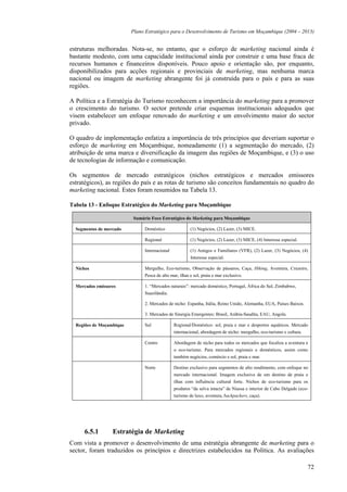 Plano Estratégico para o Desenvolvimento de Turismo em Moçambique (2004 – 2013)


estruturas melhoradas. Nota-se, no entanto, que o esforço de marketing nacional ainda é
bastante modesto, com uma capacidade institucional ainda por construir e uma base fraca de
recursos humanos e financeiros disponíveis. Pouco apoio e orientação são, por enquanto,
disponibilizados para acções regionais e provinciais de marketing, mas nenhuma marca
nacional ou imagem de marketing abrangente foi já construída para o país e para as suas
regiões.

A Política e a Estratégia do Turismo reconhecem a importância do marketing para a promover
o crescimento do turismo. O sector pretende criar esquemas institucionais adequados que
visem estabelecer um enfoque renovado do marketing e um envolvimento maior do sector
privado.

O quadro de implementação enfatiza a importância de três princípios que deveriam suportar o
esforço de marketing em Moçambique, nomeadamente (1) a segmentação do mercado, (2)
atribuição de uma marca e diversificação da imagem das regiões de Moçambique, e (3) o uso
de tecnologias de informação e comunicação.

Os segmentos de mercado estratégicos (nichos estratégicos e mercados emissores
estratégicos), as regiões do país e as rotas de turismo são conceitos fundamentais no quadro do
marketing nacional. Estes foram resumidos na Tabela 13.

Tabela 13 - Enfoque Estratégico do Marketing para Moçambique

                          Sumário Foco Estratégico do Marketing para Moçambique

  Segmentos de mercado         Doméstico                (1) Negócios, (2) Lazer, (3) MICE.

                               Regional                 (1) Negócios, (2) Lazer, (3) MICE, (4) Interesse especial.

                               Internacional            (1) Amigos e Familiares (VFR), (2) Lazer, (3) Negócios, (4)
                                                        Interesse especial.

  Nichos                       Mergulho, Eco-turismo, Observação de pássaros, Caça, Hiking, Aventura, Cruzeiro,
                               Pesca de alto mar, ilhas e sol, praia e mar exclusivo.

  Mercados emissores           1. “Mercados naturais”: mercado doméstico, Portugal, África do Sul, Zimbabwe,
                               Suazilândia.

                               2. Mercados de nicho: Espanha, Itália, Reino Unido, Alemanha, EUA, Países Baixos.

                               3. Mercados de Sinergia Emergentes: Brasil, Arábia-Saudita, EAU, Angola.

  Regiões de Moçambique        Sul             Regional/Doméstico: sol, praia e mar e desportos aquáticos. Mercado
                                               internacional, abordagem de nicho: mergulho, eco-turismo e cultura.

                               Centro          Abordagem de nicho para todos os mercados que focaliza a aventura e
                                               o eco-turismo. Para mercados regionais e domésticos, assim como
                                               também negócios, comércio e sol, praia e mar.

                               Norte           Destino exclusivo para segmentos de alto rendimento, com enfoque no
                                               mercado internacional. Imagem exclusiva de um destino de praia e
                                               ilhas com influência cultural forte. Nichos de eco-turismo para os
                                               produtos “da selva intacta” de Niassa e interior de Cabo Delgado (eco-
                                               turismo de luxo, aventura, backpackers, caça).




      6.5.1       Estratégia de Marketing
Com vista a promover o desenvolvimento de uma estratégia abrangente de marketing para o
sector, foram traduzidos os princípios e directrizes estabelecidos na Política. As avaliações

                                                                                                                     72
 