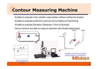 Contour Measuring Machine
・Enable to evaluate inner cylinder cross-section without cutting the product
・Enable to evaluate small form such as Corner Radius & Chamfering
・Enable to evaluate Deviation (Distorsion, Form of Surface)
・Some machine are able to measure diameter with double-sided stylus
θ
FMM
CMM
Cross section of
Cylinder
Suitable machine to evaluate
Corner Radius & Chamfering
10
 