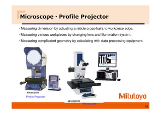 Microscope・
・
・
・Profile Projector
・Measuring dimension by adjusting a reticle cross-hairs to workpiece edge.
・Measuring various workpieces by changing lens and illumination system.
・Measuring complicated geometry by calculating with data processing equipment.
Microscope
Profile Projector
18
 