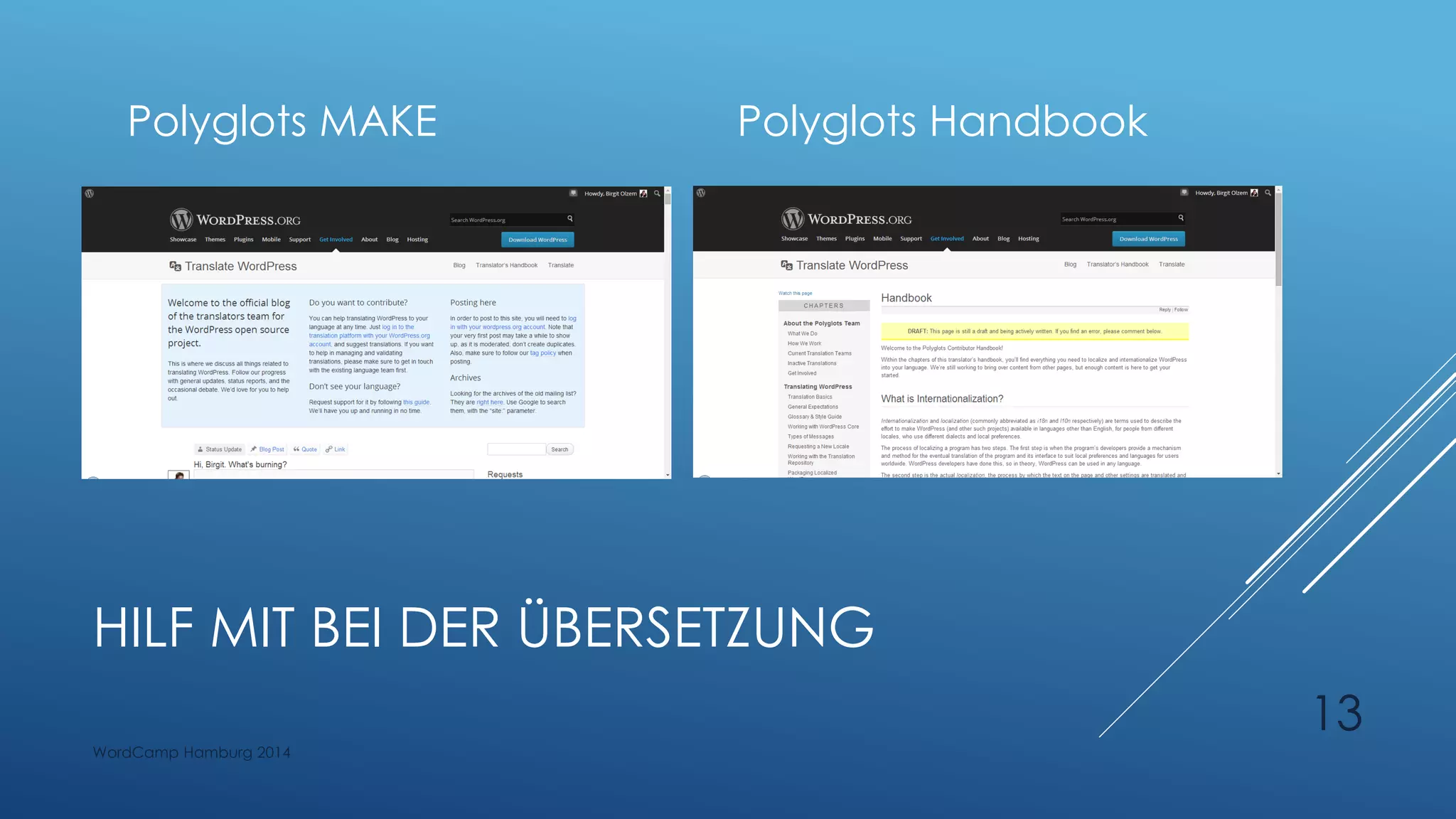 HILF MIT BEI DER ÜBERSETZUNG
Polyglots MAKE Polyglots Handbook
WordCamp Hamburg 2014
13
 