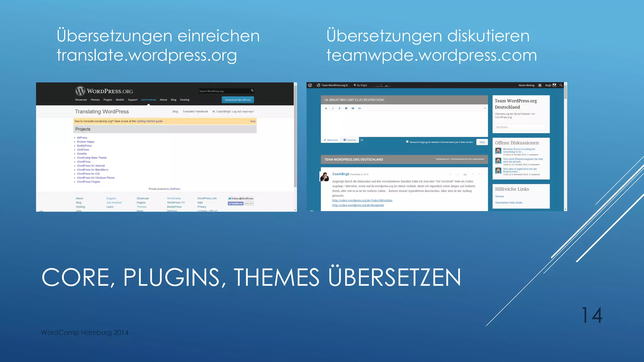 CORE, PLUGINS, THEMES ÜBERSETZEN
Übersetzungen einreichen
translate.wordpress.org
Übersetzungen diskutieren
teamwpde.wordpress.com
WordCamp Hamburg 2014
14
 