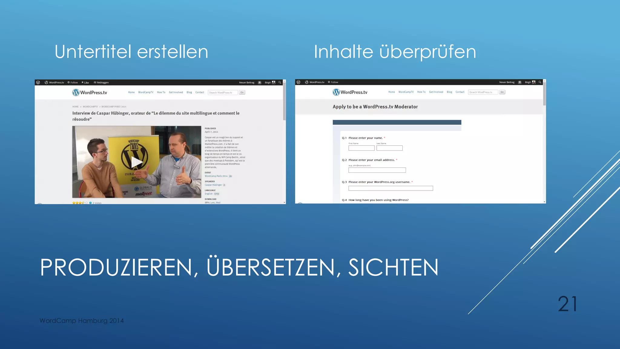 PRODUZIEREN, ÜBERSETZEN, SICHTEN
Untertitel erstellen Inhalte überprüfen
WordCamp Hamburg 2014
21
 
