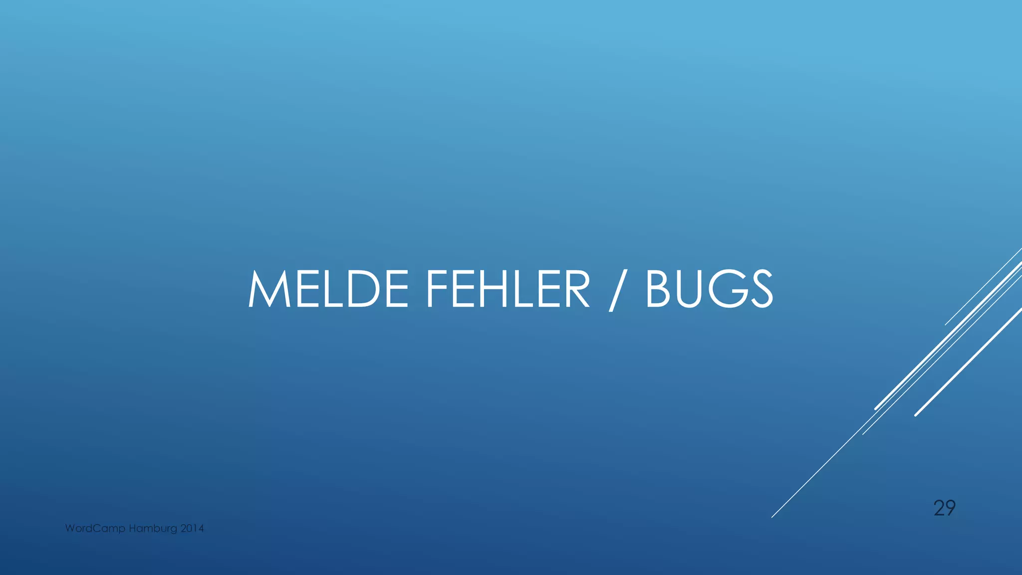 MELDE FEHLER / BUGS
WordCamp Hamburg 2014
29
 