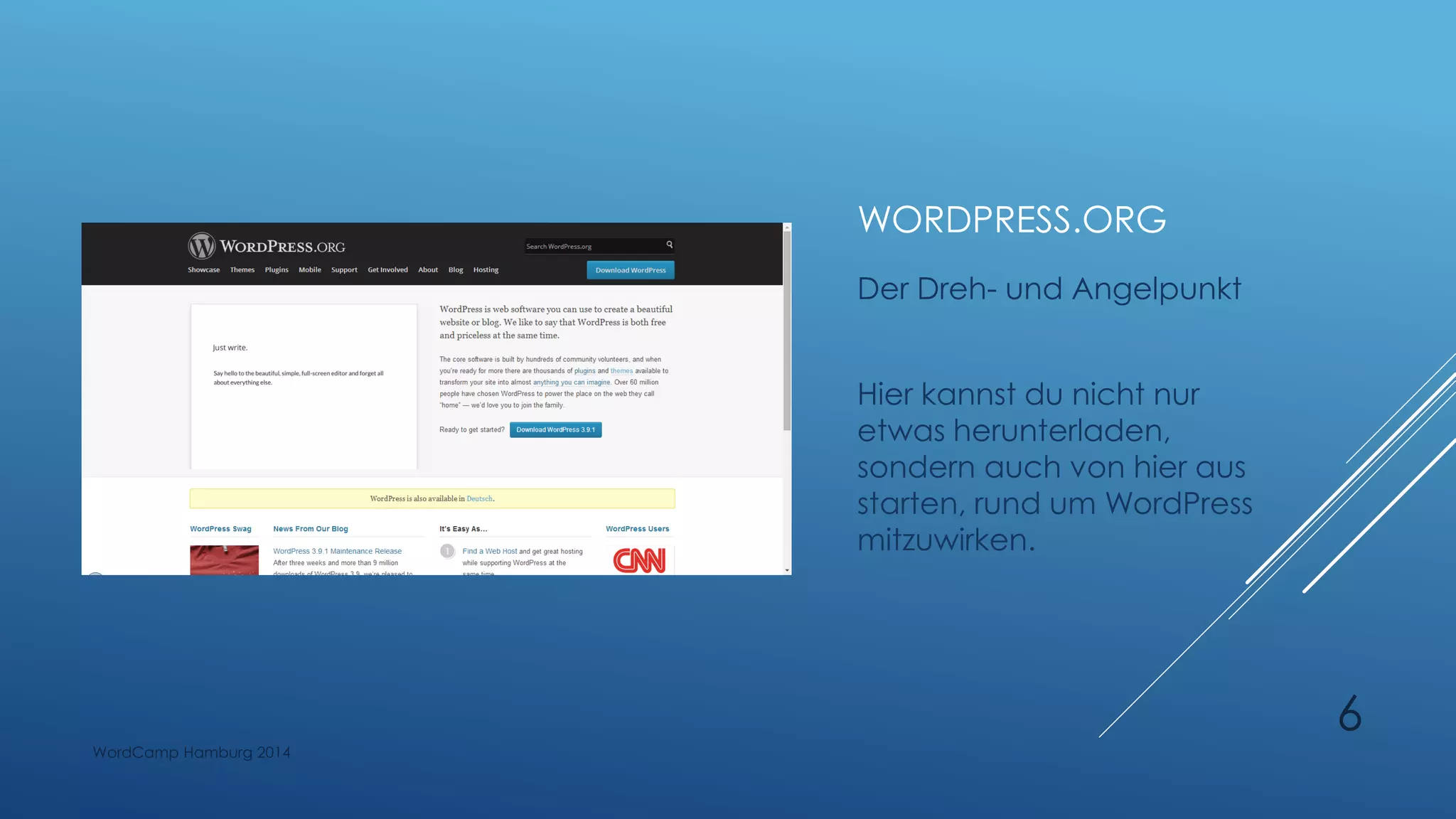 WORDPRESS.ORG
Der Dreh- und Angelpunkt
Hier kannst du nicht nur
etwas herunterladen,
sondern auch von hier aus
starten, rund um WordPress
mitzuwirken.
WordCamp Hamburg 2014
6
 