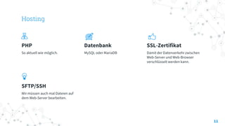 Hosting
PHP
So aktuell wie möglich.
Datenbank
MySQL oder MariaDB
SSL-Zertifikat
Damit der Datenverkehr zwischen
Web-Server und Web-Browser
verschlüsselt werden kann.
SFTP/SSH
Wir müssen auch mal Dateien auf
dem Web-Server bearbeiten.
11
 