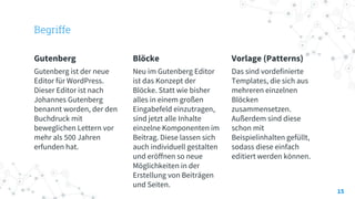 Begriffe
Gutenberg
Gutenberg ist der neue
Editor für WordPress.
Dieser Editor ist nach
Johannes Gutenberg
benannt worden, der den
Buchdruck mit
beweglichen Lettern vor
mehr als 500 Jahren
erfunden hat.
Blöcke
Neu im Gutenberg Editor
ist das Konzept der
Blöcke. Statt wie bisher
alles in einem großen
Eingabefeld einzutragen,
sind jetzt alle Inhalte
einzelne Komponenten im
Beitrag. Diese lassen sich
auch individuell gestalten
und eröffnen so neue
Möglichkeiten in der
Erstellung von Beiträgen
und Seiten.
Vorlage (Patterns)
Das sind vordefinierte
Templates, die sich aus
mehreren einzelnen
Blöcken
zusammensetzen.
Außerdem sind diese
schon mit
Beispielinhalten gefüllt,
sodass diese einfach
editiert werden können.
15
 