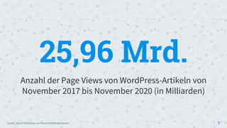 25,96 Mrd.
Anzahl der Page Views von WordPress-Artikeln von
November 2017 bis November 2020 (in Milliarden)
7
Quelle: https://de.statista.com/themen/3086/wordpress/
 