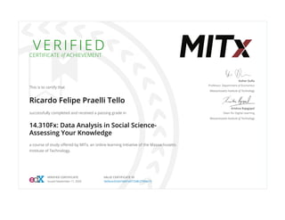 V E R I F I E D
CERTIFICATE of ACHIEVEMENT
This is to certify that
Ricardo Felipe Praelli Tello
successfully completed and received a passing grade in
14.310Fx: Data Analysis in Social Science-
Assessing Your Knowledge
a course of study oﬀered by MITx, an online learning initiative of the Massachusetts
Institute of Technology.
Esther Duﬂo
Professor, Department of Economics
Massachusetts Institute of Technology
Krishna Rajagopal
Dean for Digital Learning
Massachusetts Institute of Technology
VERIFIED CERTIFICATE
Issued September 17, 2020
VALID CERTIFICATE ID
5e04cec02dd74e87a5f72d8c2706ec73
 