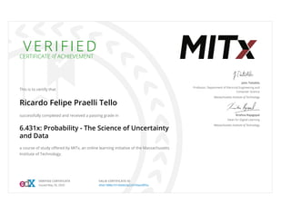 V E R I F I E D
CERTIFICATE of ACHIEVEMENT
This is to certify that
Ricardo Felipe Praelli Tello
successfully completed and received a passing grade in
6.431x: Probability - The Science of Uncertainty
and Data
a course of study oﬀered by MITx, an online learning initiative of the Massachusetts
Institute of Technology.
John Tsitsiklis
Professor, Department of Electrical Engineering and
Computer Science
Massachusetts Institute of Technology
Krishna Rajagopal
Dean for Digital Learning
Massachusetts Institute of Technology
VERIFIED CERTIFICATE
Issued May 29, 2020
VALID CERTIFICATE ID
d5dc1888a10145b6b3a224745ee38f5a
 