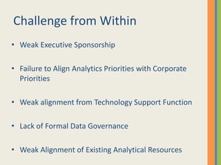 Challenge from Within
• Weak Executive Sponsorship
• Failure to Align Analytics Priorities with Corporate
Priorities
• Weak alignment from Technology Support Function
• Lack of Formal Data Governance
• Weak Alignment of Existing Analytical Resources
 