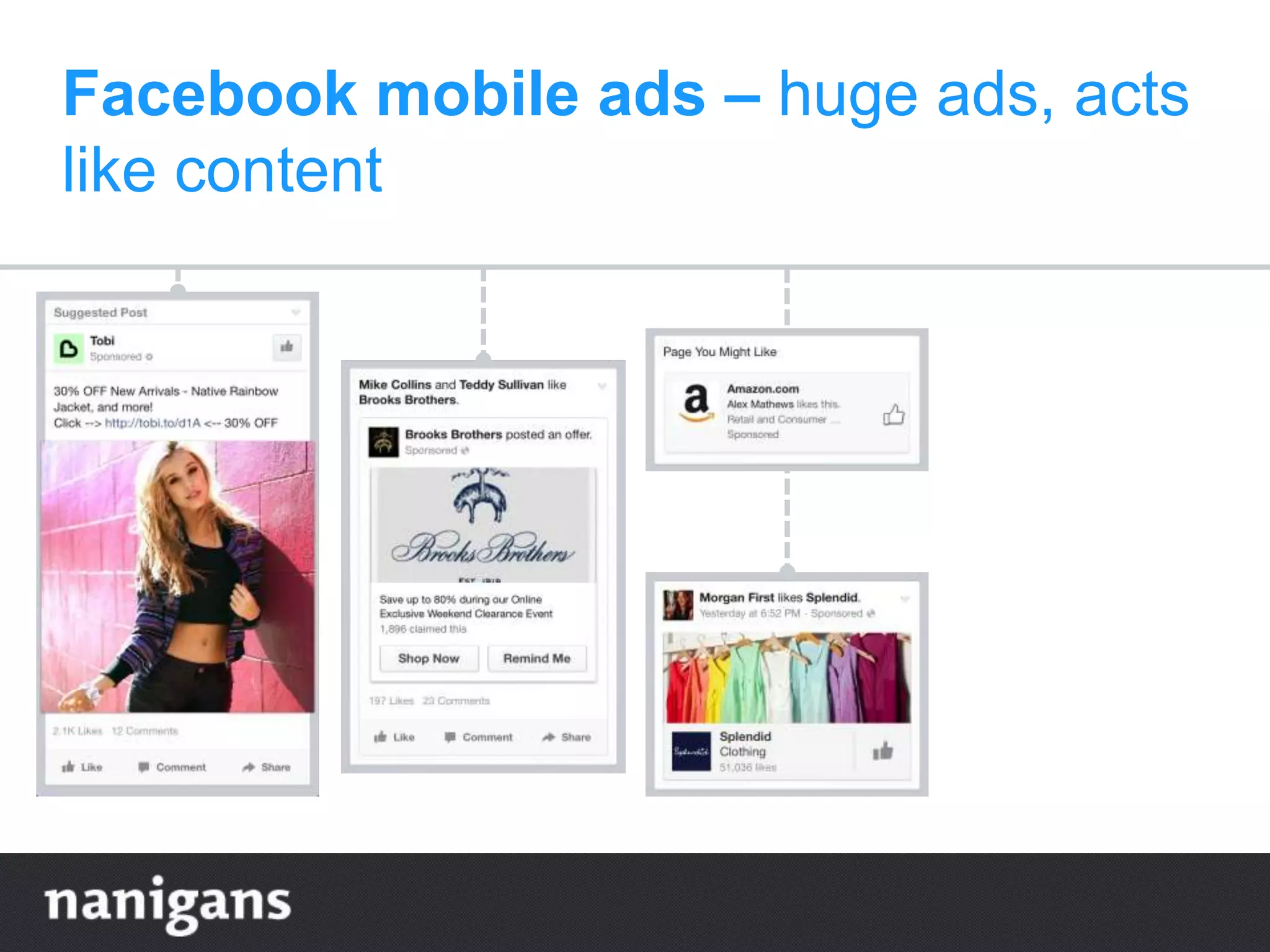 Facebook mobile ads – huge ads, acts
like content
 