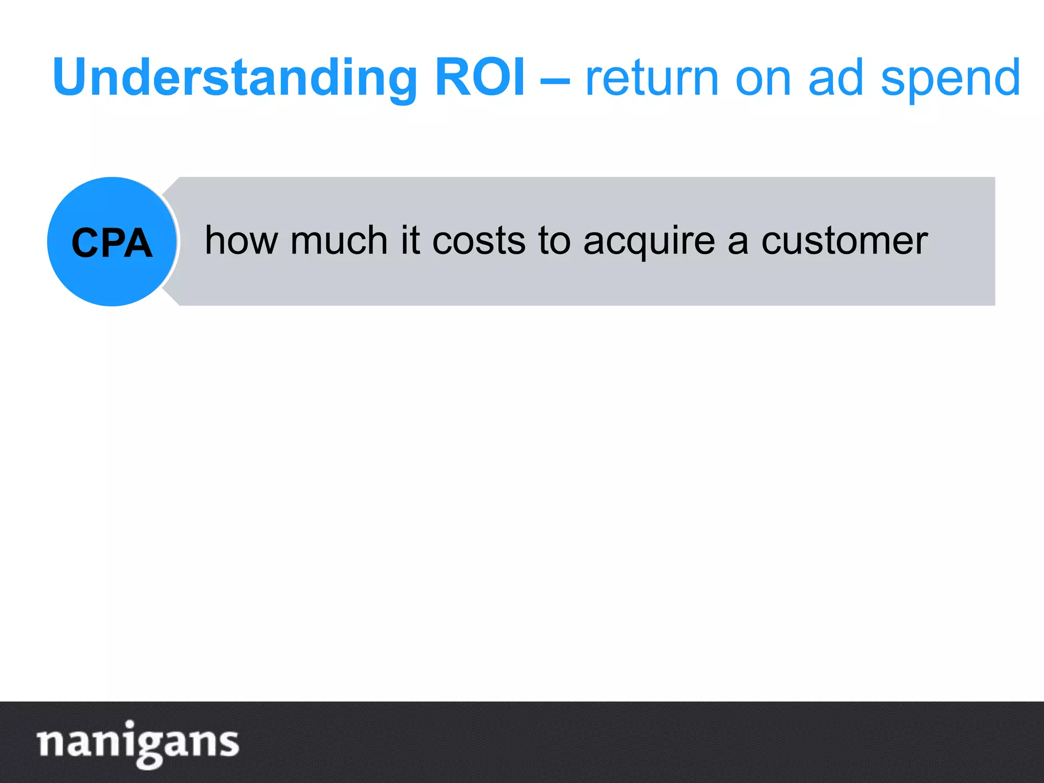 how much it costs to acquire a customer
how much you earn off that customer
how much greater your LTV is than your
CPA
CPA
LTV
ROI
Understanding ROI – return on ad spend
LTV
ROI
 