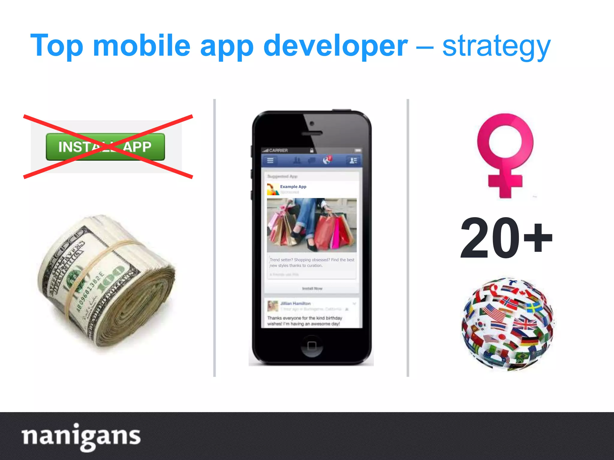 Example App
Trend setter? Shopping obsessed? Find the best
new styles thanks to curation.
20+
Top mobile app developer – strategy
 