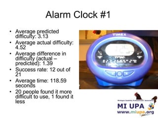 Alarm Clock #1 <ul><li>Average predicted difficulty: 3.13 </li></ul><ul><li>Average actual difficulty: 4.52 </li></ul><ul>...