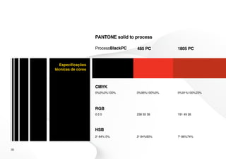 PANTONE solid to process

                         ProcessBlackPC   485 PC        1805 PC


       Especificações
     técnicas de cores



                         CMYK
                         0%0%0%100%       0%95%100%0%   0%91%100%23%




                         RGB
                         000              238 50 36     191 49 26




                         HSB
                         2o 84% 0%        2o 84%93%     7o 86%74%



36
 