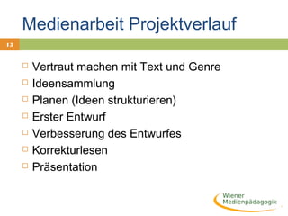 15
Medienarbeit Projektverlauf
 Vertraut machen mit Text und Genre
 Ideensammlung
 Planen (Ideen strukturieren)
 Erster Entwurf
 Verbesserung des Entwurfes
 Korrekturlesen
 Präsentation
 