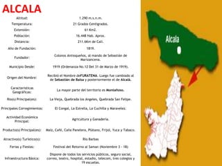 ALCALA
         Altitud:                                  1.290 m.s.n.m.
      Temperatura:                             21 Grados Centigrados.
        Extensión:                                     61 Km2.
        Población:                               16.448 Hab. Aprox.
        Distancia:                                211.6Km de Cali.
    Año de Fundación:                                   1819.

                                   Colonos Antioqueños, al mando de Sebastián de
        Fundador:
                                                   Marizancena.

     Municipio Desde:             1919 (Ordenanza No.12 Del 31 de Marzo de 1919).

                               Recibió el Nombre deFURATENA. Luego fue cambiado al
   Origen del Nombre:
                                de Sebastián de Balsa y posteriormente el de Alcalá.

      Caracteristicas
                                     La mayor parte del territorio es Montañoso.
       Geográficas:

   Rio(s) Principal(es):        La Vieja, Quebrada los Angeles, Quebrada San Felipe.

Principales Corregimientos:        El Congal, La Estrella, La Cuchilla y Maravelez.

   Actividad Económica
                                              Agricultura y Ganadería.
         Principal:

Producto(s) Principal(es):    Maíz, Café, Caña Panelera, Plátano, Frijol, Yuca y Tabaco.

 Atractivo(s) Turístico(s):                           Río Barbas

     Ferias y Fiestas:            Festival del Retorno al Saman (Noviembre 3 - 18)

                                Dispone de todos los servicios públicos, seguro social,
  Infraestructura Básica:     correo, teatro, hospital, estadio, telecom, tres colegios y
                                                     19 escuelas.
 