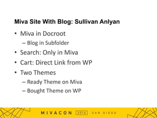 Miva Site With Blog: Sullivan Anlyan
• Miva in Docroot
– Blog in Subfolder
• Search: Only in Miva
• Cart: Direct Link from WP
• Two Themes
– Ready Theme on Miva
– Bought Theme on WP
 