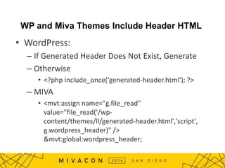WP and Miva Themes Include Header HTML
• WordPress:
– If Generated Header Does Not Exist, Generate
– Otherwise
• <?php include_once('generated-header.html'); ?>
– MIVA
• <mvt:assign name="g.file_read"
value="file_read('/wp-
content/themes/ll/generated-header.html','script',
g.wordpress_header)" />
&mvt:global:wordpress_header;
 