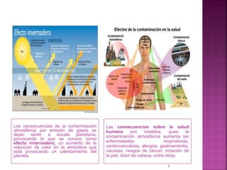 Las consecuencias de la contaminación
atmosférica por emisión de gases se
dejan sentir a escala planetaria,
provocando lo que se conoce como
efecto invernadero: un aumento de la
retención de calor en la atmósfera que
está provocando un calentamiento del
planeta.
Las consecuencias sobre la salud
humana son notables, pues la
contaminación atmosférica aumenta las
enfermedades respiratorias,
cardiovasculares, alergias, gastroenteritis,
náuseas, riesgos de cáncer, irritación de
la piel, dolor de cabeza, entre otras.
5
 