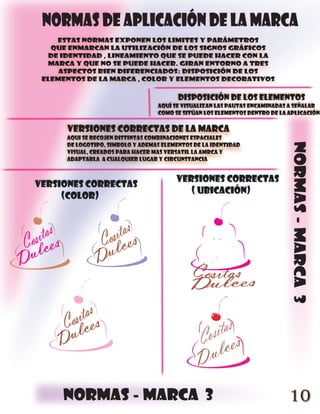 NORMAS DE APLICACIÓN DE LA MARCA
    ESTAS NORMAS EXPONEN LOS LIMITES Y PARÁMETROS
   QUE ENMARCAN LA UTILIZACIÓN DE LOS SIGNOS GRÁFICOS
  DE IDENTIDAD , LINEAMIENTO QUE SE PUEDE HACER CON LA
  MARCA Y QUE NO SE PUEDE HACER. GIRAN ENTORNO A TRES
     ASPECTOS BIEN DIFERENCIADOS: DISPOSICIÓN DE LOS
 ELEMENTOS DE LA MARCA , COLOR Y ELEMENTOS DECORATIVOS


                                         DISPOSICIÓN DE LOS ELEMENTOS
                                  AQUÍ SE VISUALIZAN LAS PAUTAS ENCAMINADAS A SEÑALAR
                                  COMO SE SITÚAN LOS ELEMENTOS DENTRO DE LA APLICACIÓN

      VERSIONES CORRECTAS DE LA MARCA
      AQUI SE RECOJEN DISTINTAS COMBINACIONES ESPACIALES




                                                                            normas - marca 3
      DE LOGOTIPO, SIMBOLO Y ADEMAS ELEMENTOS DE LA IDENTIDAD
      VISUAL, CREADOS PARA HACER MAS VERSATIL LA AMRCA Y
      ADAPTARLA A CUALQUIER LUGAR Y CIRCUNSTANCIA


                                        VERSIONES CORRECTAS
VERSIONES CORRECTAS
                                           ( UBICACIÓN)
     (COLOR)




     normas - marca 3                                                       10
 