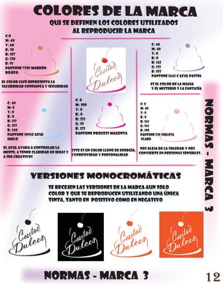 colores de la marca
                       QUI SE DEFINEN LOS COLORES UTILIZADOS
                              AL REPRODUCIR LA MARCA
 C:0
 M: 40
 Y: 60                                                                      C: 40
 K: 20                                                                      M: 40
 R: 187                                                                     Y: 0
 G: 130                                                                     K: 0
 B: 91                                                                      R: 142
 pantone 729c MARRÓN                                                        G: 132
 ROJIZO                                                                     B: 183
                                                                            pantone 2645 c AZUL PASTEL
El color café representa la
                                                                           es el color de la magia
salubridad confianza y seguridad
                                                                           y el misterio y la fantasía


                                     C: 0




                                                                                                         normas - marca 3
  C: 40                                                               C: 0
                                     M: 100
  M: 0                                                                M: 40
                                     Y: 0
  Y: 0                                                                Y: 0
                                     K: 0
  K: 0                                                                K: 0
                                     R: 221
  R: 117                                                              R: 241
  G: 197                             G: 19
                                                                      G: 154
  B: 240                             B: 123                           B: 190
  pantone 2095c AZUL                 pantone process MAGENTA          pantone 230 VIOLETA
  HIELO                                                               CLARO

El azul ayuda a controlar la
                                   este es un color lleno de energía, nos aleja de la soledad y nos
mente, a tener claridad de ideas y                                    convierte en personas sensibles.
                                   expresividad y personalidad
a ser creativos




             VERSIONES MONOCROMÁTICAS
                       se recejen las versiones de la marca aun solo
                       color y que se reproducen utilizando una única
                       tinta, tanto en positivo como en negativo




                       normas - marca 3                                                                    12
 