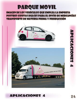 PARQUE MOVIL
IMAGEN DE LOS VEHÍCULOS QUE EMPLEA LA EMPRESA
POSTRES COSITAS DULCES PARA EL ENVÍO DE MERCANCÍAS
TRANSPORTE DE MATERIA PRIMA Y PRODUCCIÓN




                                             aplicaciones 4




  aplicaciones 4                                 24
 