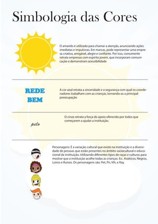 Simbologia das Cores
O amarelo é utilizado para chamar a atenção, anunciando ações
imediatas e impulsivas. Em marcas, pode representar uma empre-
sa criativa, amigável, alegre e confiante. Por isso, comumente
retrata empresas com espírito jovem, que incorporam comuni-
cação e demonstram acessibilidade
REDE
BEM
pelo
XXX
Personagens: É a variação cultural que existe na instituição e a diversi-
dade de pessoas que estão presentes no âmbito sociocultural e educa-
cional da instituição. Utilizando diferentes tipos de raças e culturas para
mostrar que a instituição acolhe todas as crianças. Ex:. Asiáticos, Negros,
Loiros e Ruivos. Os personagens são: Pet, Pri, Vih, e Ray.
A cor azul retrata a sinceridade e a segurança com qual os coorde-
nadores trabalham com as crianças, tornando-as a principal
preocupação
O cinza retrata a força do apoio oferecido por todos que
começarem a ajudar a instituição.
 