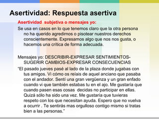 “Si unasituación no se puedecambiar, mostrándomeagresivotampocovoy a conseguirlo. Ser agresivo me provocaunaalivio a cortoplazo, pero a la largaesmejoraceptarlascosascomo son”.Asertividad: RespuestaasertivaAsertividadpositiva:expresión adecuada de lo bueno y lo valiosoque se ve en los demás. “Te sientabienesenuevo jersey”. “Me gustó mucho lo quedijiste el otrodía.” Quebien has estadosentadodurante la comida”.Respuestaasertiva elemental: expresión llana y simple de los propiosintereses y derechos. “No he terminado de hablarquisieraterminar de hacerlo”. “ Estosjuguetes son míos y hoyquierojugaryo con ellos.” “Llevamosdos sábados con compromisos familiares me gustaría quedarme en casa  y ver una película.” 
