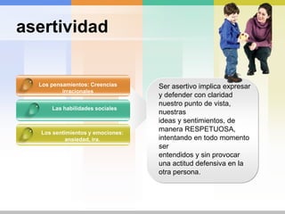 asertividadLos pensamientos: CreenciasirracionalesSer asertivo implica expresar y defender con claridad nuestro punto de vista, nuestrasideas y sentimientos, de manera RESPETUOSA, intentando en todo momento serentendidos y sin provocar una actitud defensiva en la otra persona.Las habilidadessocialesLos sentimientos y emociones: ansiedad, ira.                     