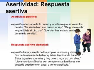 Comportamientos: no expresaropiniones o deseospersonales. Evitarconflictosaunqueotros no le tengan e cuenta. Gastarmuchaenergíapara la tener la aprobación de otros. Controlarsentimientos.Pensamientosalternativos: “No puedogustar a todo el mundo. También a mi, hay personas que me gustanmásqueotras.”