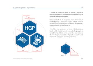 A construção da logomarca                                                                                                                 2.2

                                                                        A unidade de construção básica (x) é igual a largura da
                                                                        moldura imaginária que envolve a marca. Toda a estrutura de
                                     13x                                construção se baseia nessa medida.
                                            18x

                                                                        Para a construção de um hexágono é preciso alinhá-lo a um
                                                                        eixo X e Y (hex1). A medida base é X/13 a partir do eixo de Y.
                                                                        São feitos mais cinco hexágonos concêntricos (hex2,3,4 e 5),
                          x
                                                                        com espaçamento de um a outro de um x.


          2x                                                            O hex4 é a área que conterá os ícones (HGP, bandeira do
                                                                        Estado de São Paulo e marca da Associação Congregação de
                                                                        Santa Catarina). Todos os ícones que constam nos hexágonos
                                                                        são alinhados pelo eixo de X. Sua disposição no eixo de Y está
                                                                        determinado no diagrama de construção da marca.




                                                                                                         y




                                                                                                               13x
                                                                                                                  x
                          20x                               15,5x   x                                                 5
                                                                                                                          4
                                                                                                                              3
                                                                                                                                  2
                                                                                             figura 1.
                                                                                                                                      1



Manual de Identidade Visual do Hospital Geral de Pedreira                                                                                 06
 