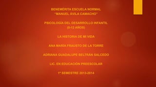 BENEMÉRITA ESCUELA NORMAL
“MANUEL ÁVILA CAMACHO”
PSICOLOGÍA DEL DESARROLLO INFANTIL
(0-12 AÑOS)

LA HISTORIA DE MI VIDA
ANA MARÍA FRAUSTO DE LA TORRE
ADRIANA GUADALUPE BELTRÁN SALCEDO
LIC. EN EDUCACIÓN PREESCOLAR
1º SEMESTRE 2013-2014

 