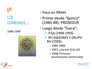 1º
LOS
COMIENZOS....
• Foco en RRHH
• Primer desde “dentro”
(1984-88): PROSEGUR
• Luego desde “fuera”:
 ICSA (1988-1993)
 RH ASESORES Y GRUPO
RH (1993):
1996: MRG
1997: Licencia SLD-LEA
1998: Primeras
promociones comerciales
1984-1999
 