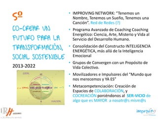 5º
CO-CREAR UN
FUTURO PARA LA
TRANSFORMACIÓN,
SOCIAL SOSTENIBLE
• IMPROVING NETWORK: “Tenemos un
Nombre, Tenemos un Sueño, Tenemos una
Canción”. Red de Redes (?)
• Programa Avanzado de Coaching Coaching
Energético: Ciencia, Arte, Misterio y Vida al
Servicio del Desarrollo Humano.
• Consolidación del Constructo INTELIGENCIA
ENERGÉTICA, más allá de la Inteligencia
Emocional
• Grupos de Convergen con un Propósito de
Vida Colectivo.
• Movilizadores e Impulsores del “Mundo que
nos merecemos y YA ES”
• Metacompetenciación: Creación de
Espacios de COLABORACIÓN, y
COCREACIÓN poniéndonos al SER-VICIO de
algo que es MAYOR a nosotr@s mism@s
2013-2022
 