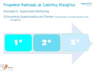 1º 2º 3º
Actividad 3: Supervisión-Mentoring
3 Encuentros Supervisados con Clientes “Practicando lo vivido desde mi Ser
Energético”
Programa Avanzado de Coaching Energético
 