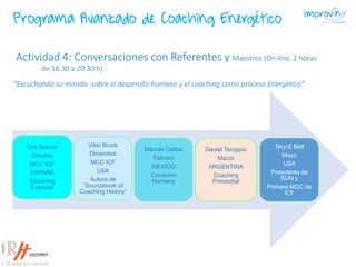 Cris Bolivar
Octubre
MCC ICF
ESPAÑA
Coaching
Esencial
Vikki Brock
Diciembre
MCC ICF
USA
Autora de
“Sourcebook of
Coaching History”
Manolo Cetina
Febrero
MEXICO
Conexión
Humana
Daniel Taroppio
Marzo
ARGENTINA
Coaching
Primordial
Tery-E Belf
Mayo
USA
Presidenta de
SUN y
Primera MCC de
ICF
Actividad 4: Conversaciones con Referentes y Maestros (On-line, 2 horas:
de 18.30 a 20.30 h) :
“Escuchando su mirada sobre el desarrollo humano y el coaching como proceso Energético”
Programa Avanzado de Coaching Energético
 