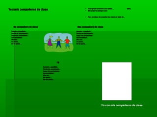 Una compañera de clase
Nombre y apellido :
Fecha de nacimiento :
Lugar de nacimiento :
Nacionalidad :
Vive en :
Le gusta …
No le gusta …
YO
Nombre y apellido :
Fecha de nacimiento :
Lugar de nacimiento :
Nacionalidad :
Vivo en :
Me gusta …
No me gusta …
Un compañero de clase
Nombre y apellido :
Fecha de nacimiento :
Lugar de nacimiento :
Nacionalidad :
Vive en :
Le gusta …
No le gusta …
Yo y mis compañeros de clase  En el grupo tenemos casi todos … años.
 Mis mejores amigos son :
 Pero en clase de español me siento al lado de …
Yo con mis compañeros de clase
 