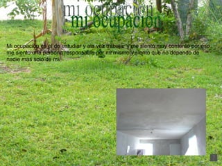 mi ocupacion Mi ocupación es el de estudiar y ala vez trabajar y me siento muy contento por eso me siento una persona responsable por mi mismo y siento que no dependo de nadie mas solo de mi.  