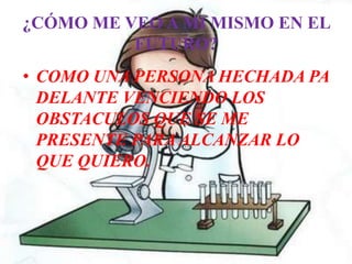 ¿CÓMO ME VEO A MI MISMO EN EL
          FUTURO?
• COMO UNA PERSONA HECHADA PA
  DELANTE VENCIENDO LOS
  OBSTACULOS QUE SE ME
  PRESENTE PARA ALCANZAR LO
  QUE QUIERO.
 